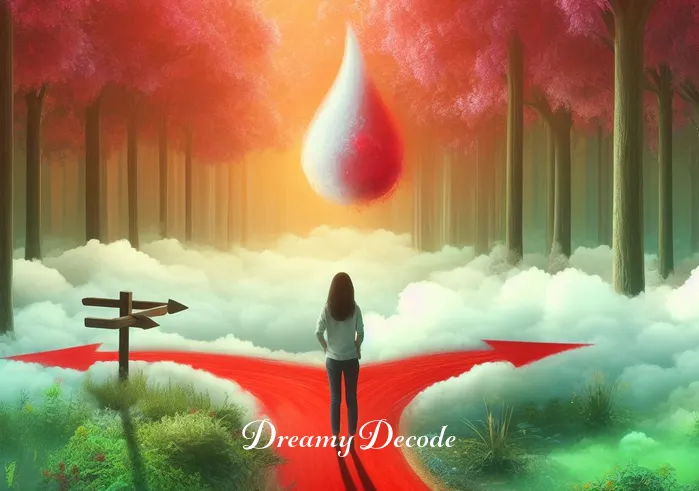 dream meaning period blood _ The dreamer standing at a crossroads in a lush, vibrant forest, symbolizing the contemplation and interpretation of the dream