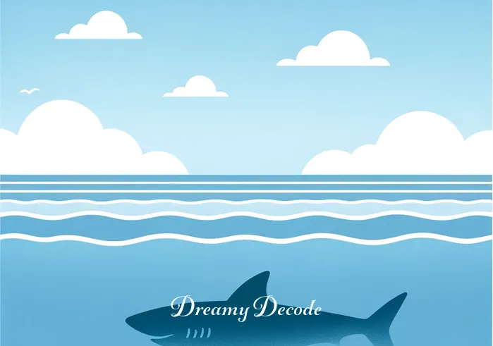 dream meaning shark attack _ A serene beach scene with gentle waves and a clear blue sky, symbolizing peace and tranquility before a storm. In the background, a shadowy figure of a shark is faintly visible beneath the water