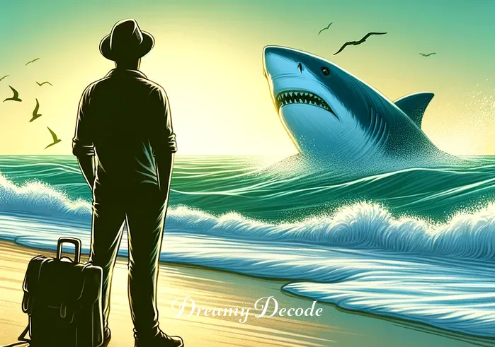 dream meaning shark attack _ The final image depicts the dreamer safely back on the beach, watching the shark swim away into the deep ocean. The atmosphere is one of relief and introspection, suggesting a confrontation with fears and emerging unharmed.