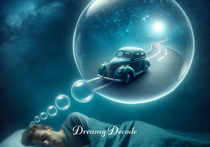 dream of a car accident meaning _ A peaceful night scene with a dream bubble showing a symbolic, undamaged toy car on a winding road, representing the onset of a dream about a car journey.