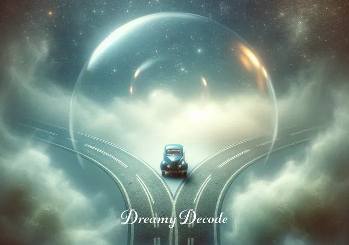 dream of a car accident meaning _ A surreal depiction of a dream where the toy car faces a fork in the road, symbolizing decision-making or hesitation in the dreamer