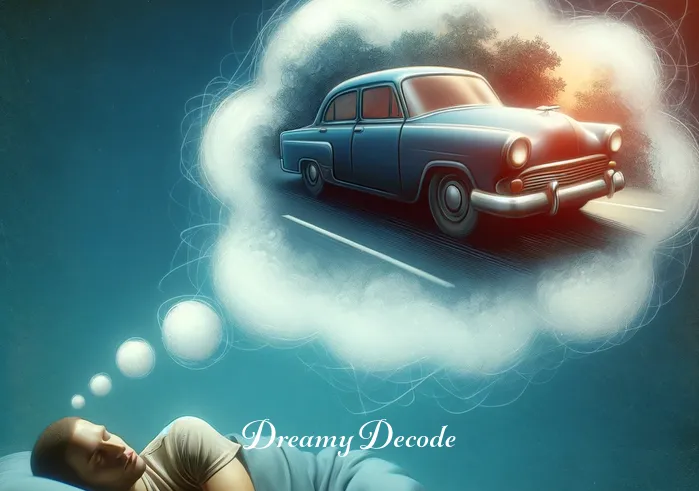 dream of a car accident meaning _ A serene image of a dreamer waking up from a dream about a car accident, with a relieved expression as they realize it was just a dream, signifying the end of the dream sequence and self-reflection.