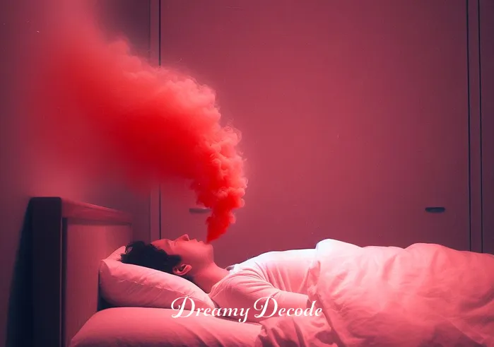 dream of blood coming out of mouth spiritual meaning _ The same bedroom, now with the sleeping person appearing slightly unsettled. A soft, red-hued mist begins to form around their mouth, representing the onset of the dream about blood. The room remains peaceful, highlighting the contrast between the dream and reality.