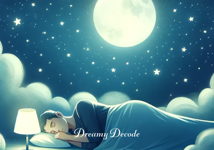 dream of blood meaning _ A serene dream scene with soft, glowing light, where an individual is peacefully sleeping under a starry sky. The sky is a tapestry of twinkling stars and a gentle moon, casting a soothing light over the dreamer, symbolizing tranquility and calmness.