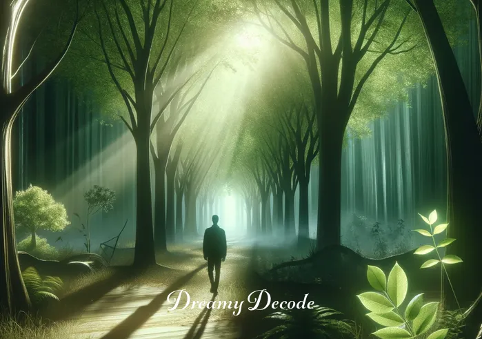dream of blood meaning _ A dream sequence showing the dreamer walking through a lush, green forest. Light filters through the leaves, creating a dappled effect on the ground. The dreamer seems contemplative, symbolizing introspection and a journey of self-discovery.