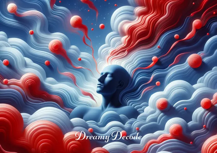 dream of blood meaning _ An abstract representation of a dream, where the dreamer is surrounded by floating red shapes, resembling gentle waves or soft clouds. The shapes are not aggressive or alarming, but rather appear as a metaphor for emotions or subconscious thoughts.