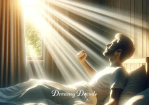 dream of blood meaning _ The dreamer awakens in their bed, greeted by the morning light streaming through a window. The expression on their face is one of clarity and understanding, symbolizing the resolution of the dream's journey and a newfound sense of peace or insight.