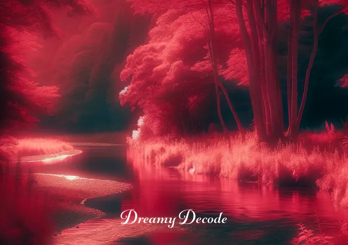 dream of blood spiritual meaning _ A dream vision of a gently flowing river with a crimson hue, reflecting the theme of blood but presented in a tranquil, natural setting. Trees line the riverbank, and the scene is bathed in a soft, ethereal light, creating a surreal but peaceful atmosphere.