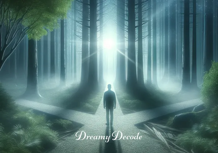 dream of blood spiritual meaning _ An image of a person in the dream standing at a crossroads in a misty forest, symbolizing a moment of spiritual decision or revelation. The forest is dense but illuminated by a gentle, mystical light, suggesting a moment of inner clarity or insight.