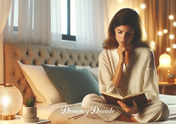 dream of menstrual blood meaning _ A woman in a serene bedroom setting, looking thoughtfully at a dream journal on her nightstand. The room is softly lit, creating a calm and introspective atmosphere. She appears to be pondering her recent dream.