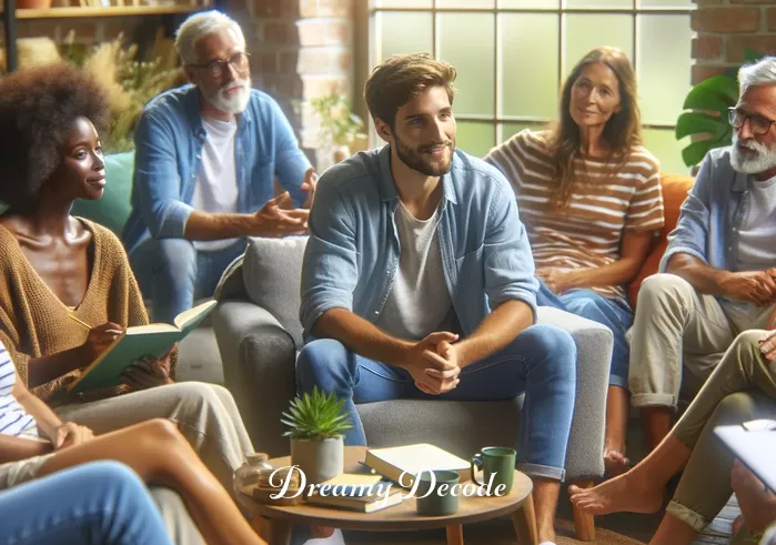 dream of menstrual blood meaning _ The woman in a relaxed pose, sharing her findings in a friendly discussion with a diverse group of attentive listeners in a comfortable living room setting. They are engaged in a lively and supportive conversation about dreams and their meanings.