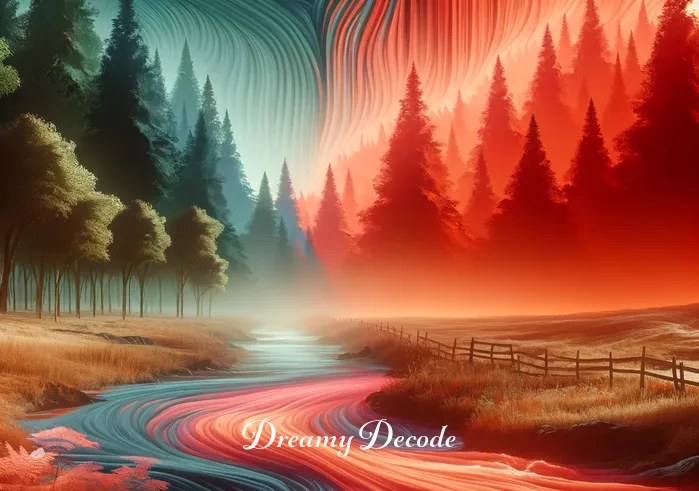 dream of peeing blood meaning _ A dream sequence showing a serene landscape transforming into a reddish hue, symbolizing the dreamer