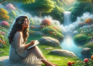 dream of peeing blood meaning _ A depiction of a peaceful resolution, with the dreamer sitting in a tranquil garden, journaling and looking relieved, symbolizing the dreamer's journey towards understanding and finding peace with their dreams.