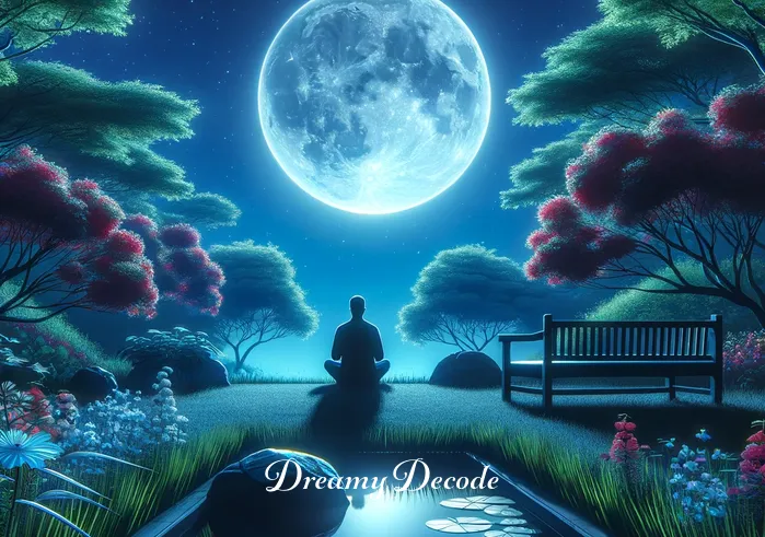 dream of period blood meaning _ A person sitting peacefully in a serene, moonlit garden, reflecting on a vivid dream they just had. The garden is lush with blooming flowers and a calm pond, symbolizing tranquility and introspection.