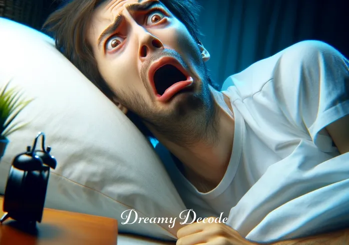 dream of spitting blood from mouth meaning _ A person waking up startled from a dream, their face expressing confusion and fear, hinting at a disturbing dream they just had.