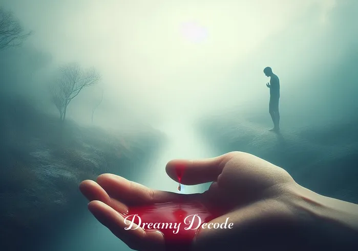 dream of spitting blood from mouth meaning _ A symbolic representation of the dream, showing a figure standing in a serene, misty landscape, looking down at a small puddle of red liquid on their palm, representing spitting blood in a non-graphic way.