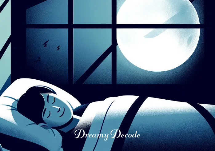 meaning of blood in a dream _ A serene, moonlit bedroom with an individual sleeping peacefully. Their face shows a hint of a smile, suggesting a pleasant dream. The moonlight casts soft, calming shadows across the room, enhancing the atmosphere of tranquility.