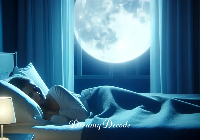 menstrual blood dream meaning _ A serene, moonlit night scene where a woman is peacefully sleeping in her bed. The room is softly illuminated by the glow of the moon, creating a calming and dreamlike atmosphere.