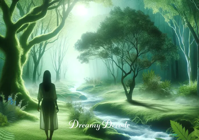 menstrual blood dream meaning _ A dream sequence where the same woman is standing in a lush, green forest, symbolizing growth and rejuvenation. A gentle stream flows nearby, adding to the serene environment.