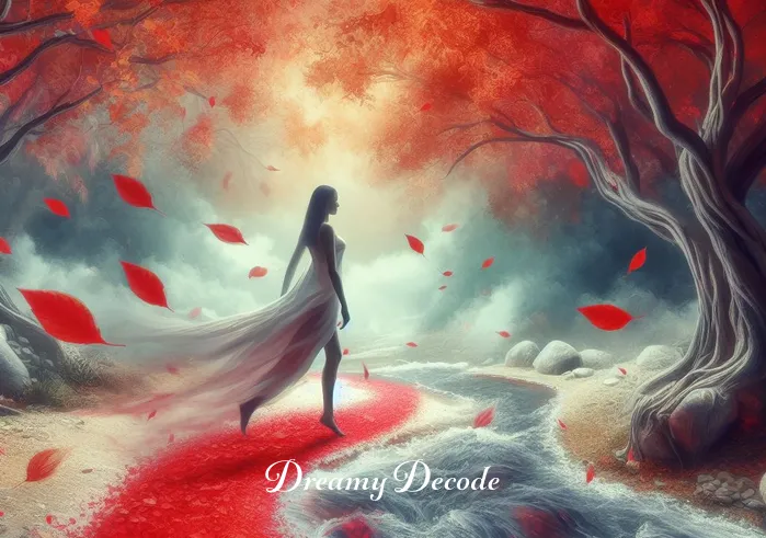 menstrual blood dream meaning _ The dream evolves to show the woman walking along the stream, with red leaves gently falling around her, representing menstrual blood in a symbolic and non-graphic way.