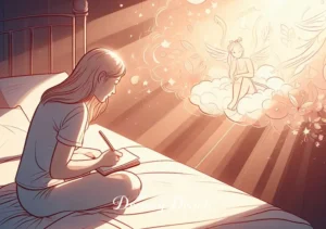 menstrual blood dream meaning _ The final scene depicts the woman waking up from her dream, feeling enlightened and reflective. She's sitting on her bed, journaling her dream experience in a notebook, surrounded by the soft morning light.