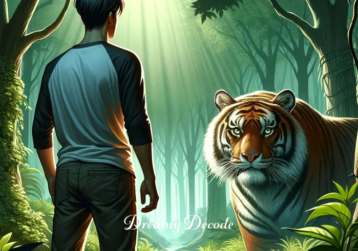 dream meaning tiger attack _ A person standing in a serene forest, looking surprised as they notice a large, majestic tiger in the distance. The tiger is partially concealed behind some bushes, with its piercing eyes focused on the person. The forest is lush and green, and the atmosphere is one of awe and curiosity rather than fear.