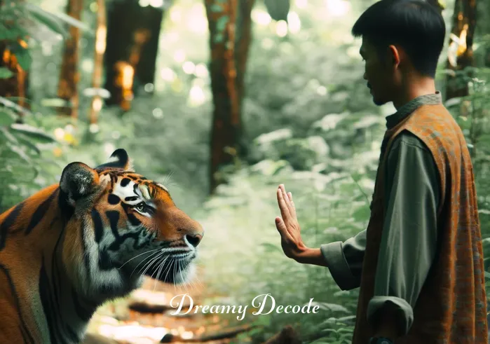 dream meaning tiger attack _ The person in the forest now appears to be calmly communicating with the approaching tiger, extending a hand in a peaceful gesture. The tiger has stopped a few feet away, appearing to be curious rather than aggressive. The person