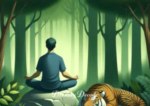 dream meaning tiger attack _ The final image shows the person and the tiger sitting peacefully together in the forest. The tiger is lying down next to the person, who is seated on a rock, looking relaxed and contemplative. The scene suggests harmony and the resolution of a potential conflict, symbolizing inner peace and the overcoming of fears.