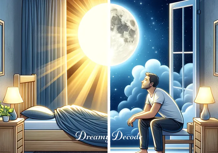 period blood dream meaning _ The final image shows the person waking up in their serene bedroom, looking thoughtful and contemplative. Sunlight now replaces the moonlight, symbolizing a new understanding or clarity gained from the dream experience, with an overall sense of peace and acceptance.