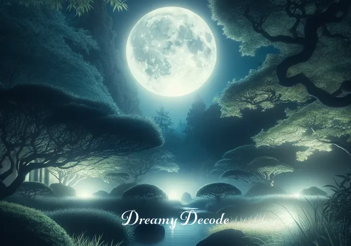seeing blood in dream meaning _ A serene night scene with a full moon illuminating a tranquil garden, symbolizing the initial phase of a dream where tranquility prevails. The garden is lush and peaceful, with soft, glowing moonlight casting gentle shadows, setting a serene tone for the dream