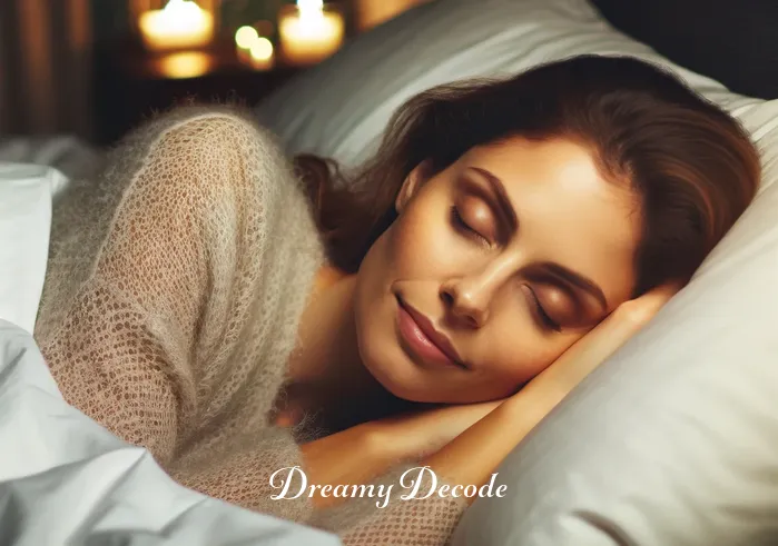 seeing menstrual blood in dream meaning _ A woman peacefully sleeping in her bed with a gentle expression, surrounded by soft, dim lighting and cozy bedding, symbolizing the onset of a dream.