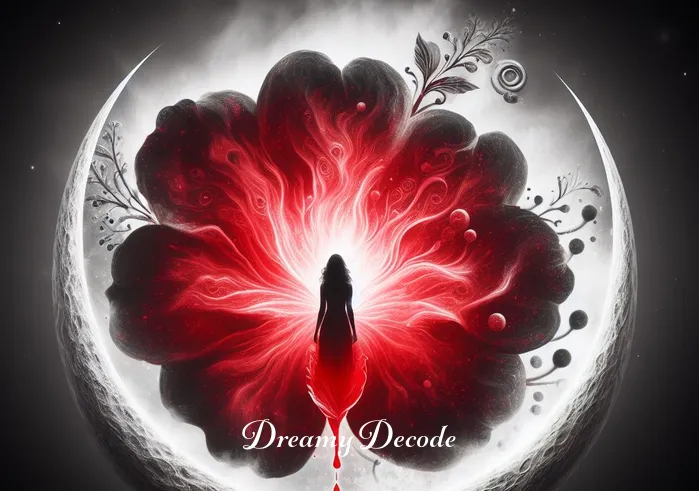 seeing menstrual blood in dream meaning _ A symbolic representation in the dream where the woman is seen standing in front of a large, blooming red flower, representing menstrual blood, conveying a sense of natural acceptance and understanding.