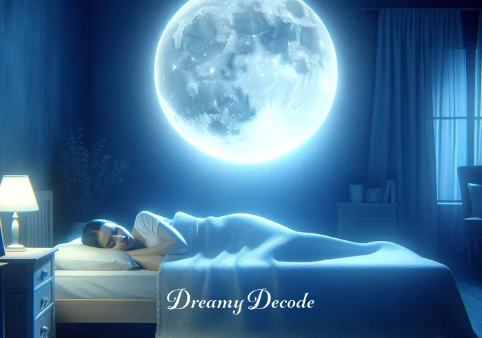 seeing period blood in dream meaning _ A serene bedroom setting with a person asleep under a soft, moonlit glow. The dreamer has a peaceful expression, suggesting a deep and undisturbed sleep, symbolizing the beginning of a journey into the subconscious.