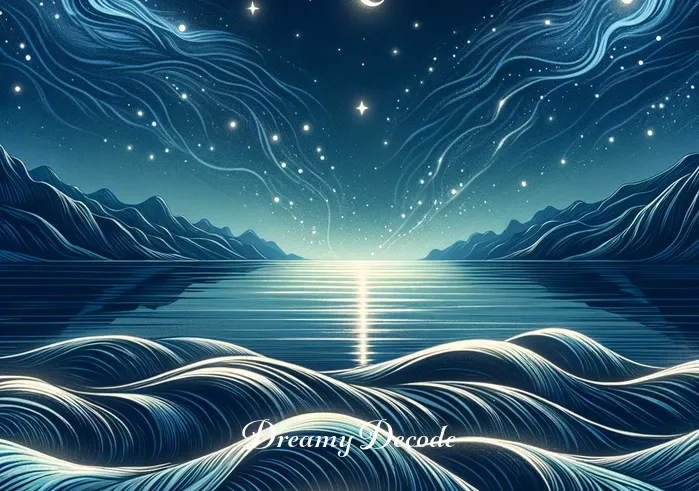 seeing period blood in dream meaning _ A dream sequence illustrating a calm ocean under a starry sky. Gentle waves represent the flow of emotions and thoughts, mirroring the theme of introspection and personal discovery.
