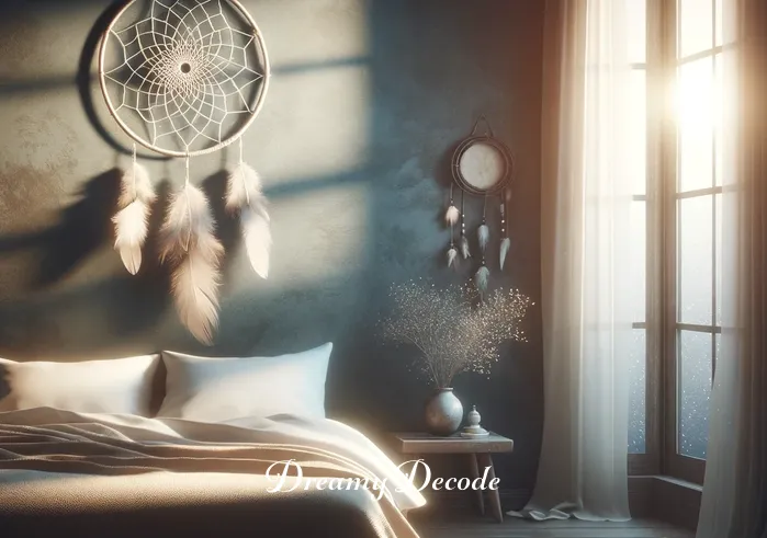 seeing period blood in dream spiritual meaning in islam _ A serene bedroom at dusk, with a dreamcatcher hanging near the window. Soft moonlight filters through, casting gentle shadows. The scene suggests a tranquil setting for introspection and dreams.