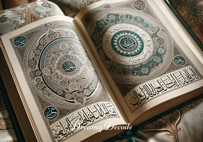 seeing period blood in dream spiritual meaning in islam _ An open book resting on a silk cushion. The pages are adorned with intricate Islamic calligraphy and symbols, hinting at the spiritual exploration and interpretation of dreams in Islamic tradition.