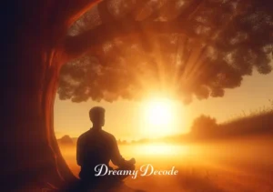 seeing period blood in dream spiritual meaning in islam _ A serene image of a person in deep contemplation, sitting under a large tree at sunrise. The warm light of dawn illuminates their peaceful expression, suggesting enlightenment and understanding gained from introspective dreaming.