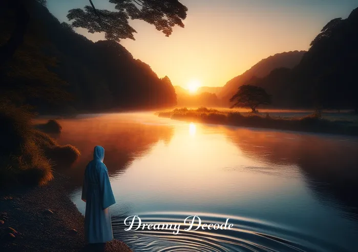 spiritual meaning of blood in a dream _ A serene landscape at dusk with a calm river reflecting the colors of the setting sun. In the foreground, a person in a white robe stands by the river, gazing contemplatively at the water where a few gentle ripples form, symbolizing tranquility and introspection in a dream about blood.