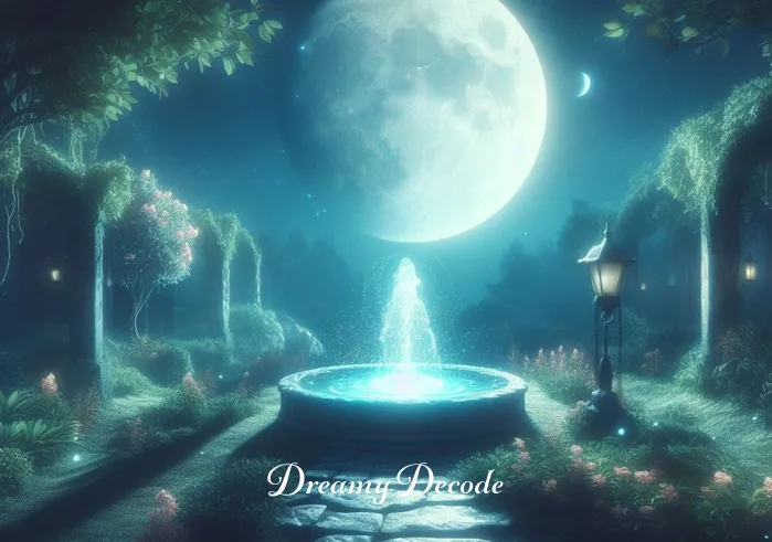spiritual meaning of blood in a dream _ A dreamlike garden illuminated by moonlight, with a pathway leading to a peaceful fountain. The fountain