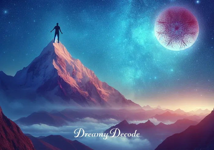 spiritual meaning of blood in a dream _ A majestic mountain scene under a starlit sky. A figure is seen reaching the summit, overlooking a vast landscape below. This represents overcoming challenges and achieving enlightenment, as per the spiritual interpretation of blood in dreams.