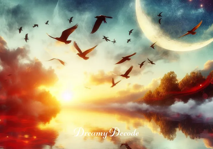 spiritual meaning of blood in a dream _ A dream sequence depicting a sunrise over a serene lake. Birds are flying across the sky, reflecting a sense of freedom and new beginnings, mirroring the positive spiritual transformation associated with blood in dreams.