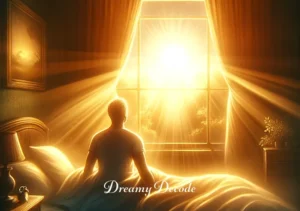 spiritual meaning of coughing up blood in a dream _ The person awakening with a look of peaceful realization, as the first light of dawn peeks through the window. The room is now filled with a warm, comforting glow, indicating a sense of enlightenment and understanding gained from the dream experience.