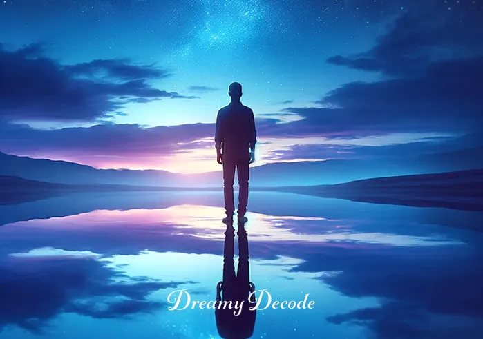 spiritual meaning of drinking blood in a dream _ A person standing at the edge of a serene lake under a twilight sky, gazing at their reflection in the water. The reflection shows a slightly altered version of themselves, symbolizing introspection and self-discovery.
