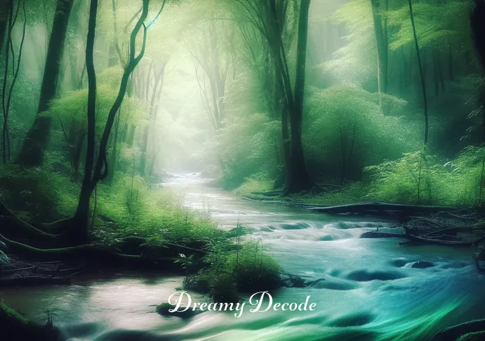 spiritual meaning of drinking blood in a dream _ A dreamlike image of a gentle stream flowing through a lush, green forest, with ethereal light filtering through the trees. The stream