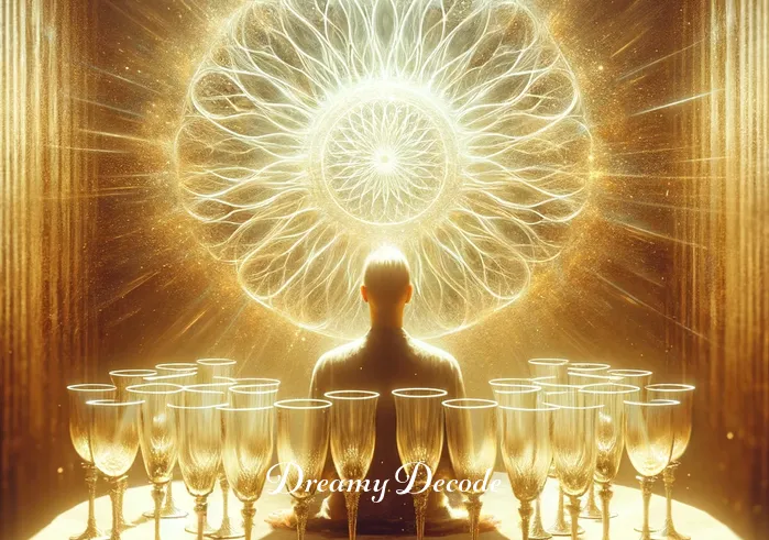spiritual meaning of drinking blood in a dream _ A symbolic scene depicting a person seated at a round table, with an array of empty, ornate goblets in front of them. The room is bathed in soft, golden light, reflecting a sense of inner peace and spiritual contemplation.