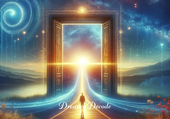 spiritual meaning of drinking blood in a dream _ A vision of a person walking through a doorway leading to a brightly lit path, surrounded by a tranquil and mystical landscape. The path winds into the horizon, representing the journey towards understanding and enlightenment.
