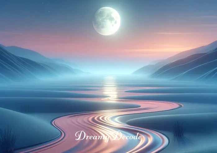 spiritual meaning of menstrual blood in a dream _ A serene landscape under a twilight sky, with a gently winding river symbolizing the flow of life. The water reflects a soft pink hue, evoking a sense of calm and introspection. In the background, a full moon casts a gentle glow, creating a peaceful and mystical atmosphere.