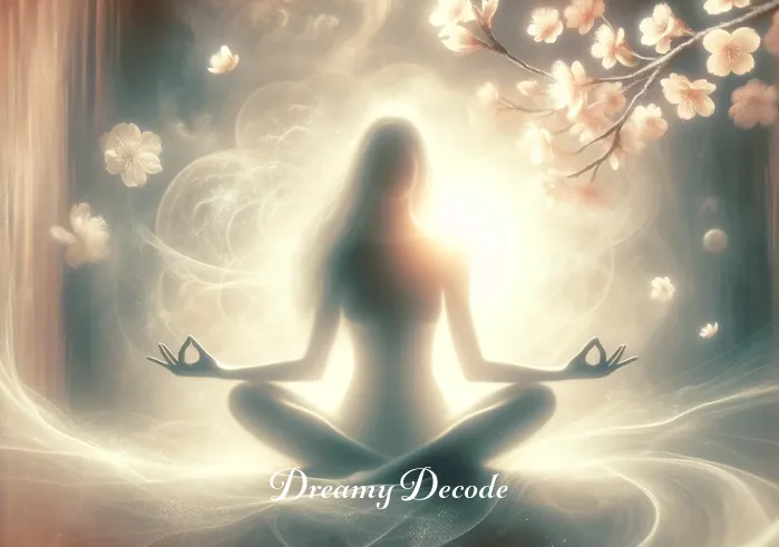 spiritual meaning of menstrual blood in a dream _ A dream-like vision of a woman in a meditative pose, surrounded by a soft, glowing aura. She appears contemplative and at peace, symbolizing inner reflection and spiritual awakening. Delicate cherry blossoms float around her, signifying renewal and the cyclical nature of life.