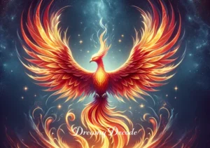 spiritual meaning of menstrual blood in a dream _ A symbolic representation of a phoenix rising from gentle flames, embodying transformation and rebirth. The phoenix's wings are spread wide, its feathers detailed with vibrant shades of red and gold. The background is a starry night sky, suggesting limitless possibilities and the transcendence of the physical realm.