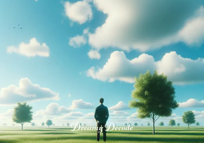 dream of dog attack meaning _ A person standing in a tranquil, open field, looking contemplatively at the sky. The field is lush and green, with a few scattered trees in the background. The sky is a serene blue with a few fluffy clouds, conveying a sense of peace and calmness.